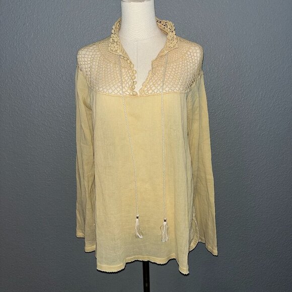 FREE PEOPLE ON THE ISLAND Butter Yellow Crocheted High Neck Peasant Blouse  - L - Picture 1 of 16